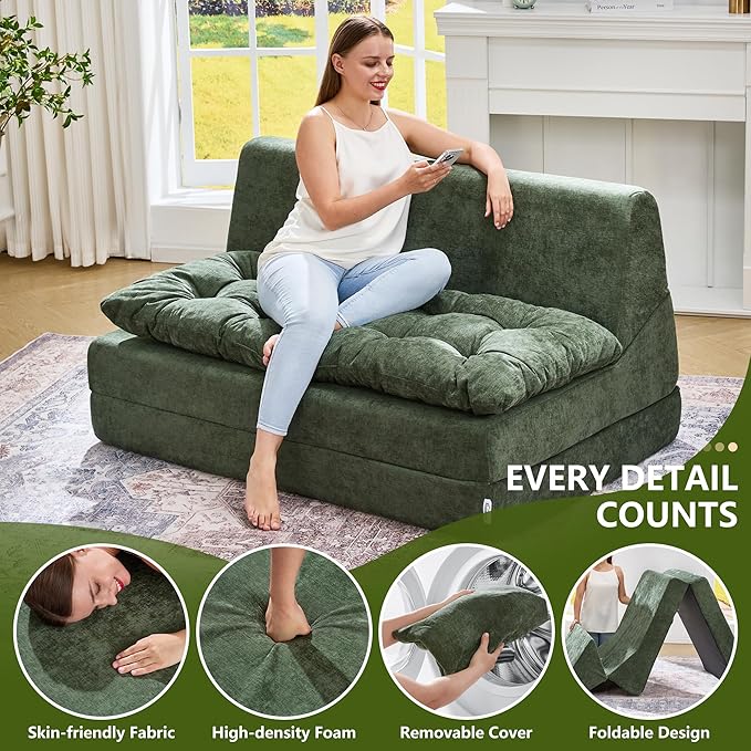 Hobestluk Sofa Couch Folding Sofa Bed Sleeper Comfy Floor Lounger Loveseat Sofa with Removable Cushion Couches Foldable Mattress for Living Room Bedroom or Office (Chenille Green, Oversize)