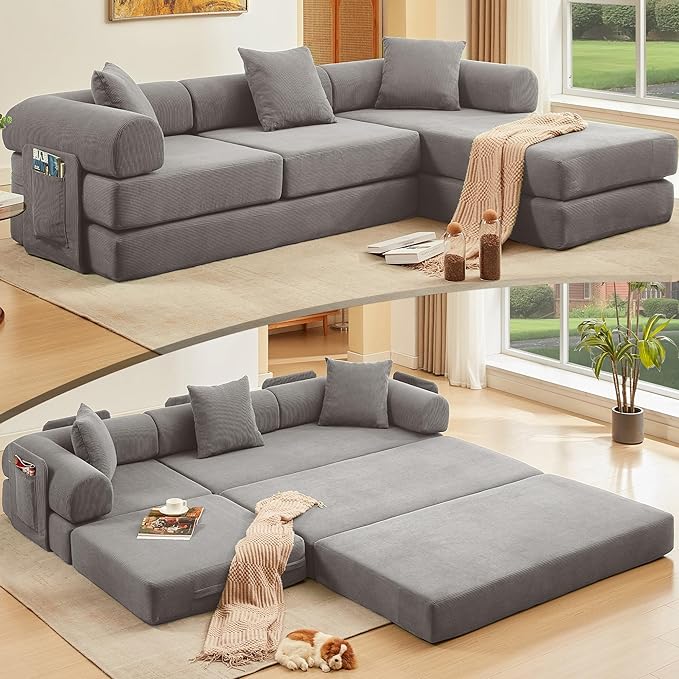 L Shaped Convertible Modular Sofa Bed with Cylindrical Pillow & Reversible Chaise, Corduroy Folding Floor Sofa Couch Bed with Fixed-Shape Frame & Storage Pocket for Living Room, Grey