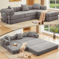 L Shaped Convertible Modular Sofa Bed with Cylindrical Pillow & Reversible Chaise, Corduroy Folding Floor Sofa Couch Bed with Fixed-Shape Frame & Storage Pocket for Living Room, Grey