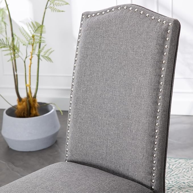 Snugway Upholstered Dining Chair Stylish Parsons Kitchen High Back with Silver Nailhead Trim & Wood Legs, 6-Pack, Fabric Classic Grey