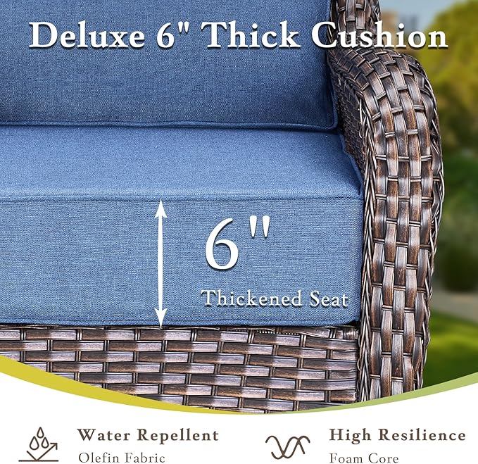 moosprr Luxury Outdoor Swivel Rocker Patio Chairs Set of 2, High Back Swivel Patio Chairs with 6-Inch Thick Cushions, Wicker Outdoor Glider for Porch, Yard, Deck, Poolside, Brown/Blue