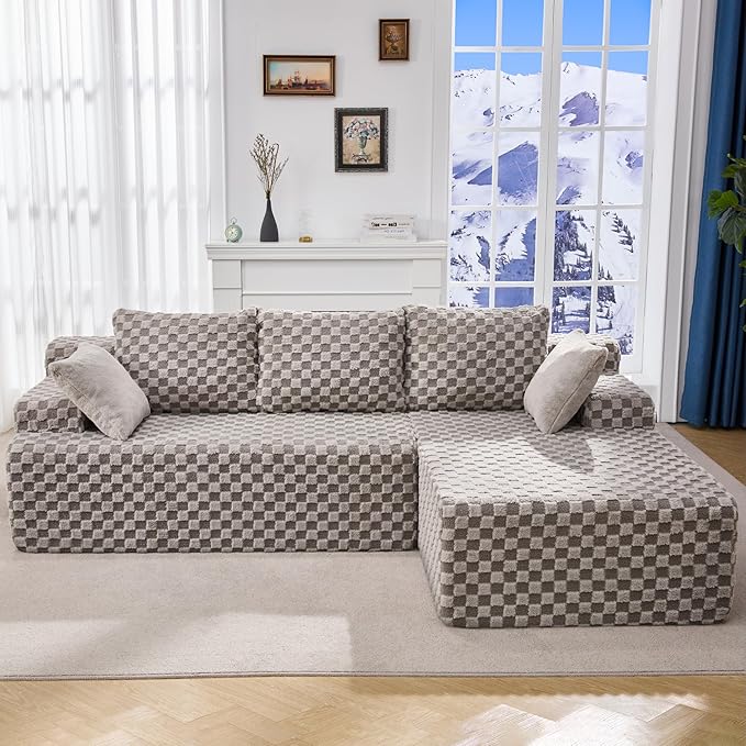 Modular Sectional Sofa Couches L-Shape Couch 3 Seat Modular Sofa Memory Foam Sectional Couches for Living Room, Cloud Couch with Oversized Chaise (Grey Check, 96" Right Facing Chaise)