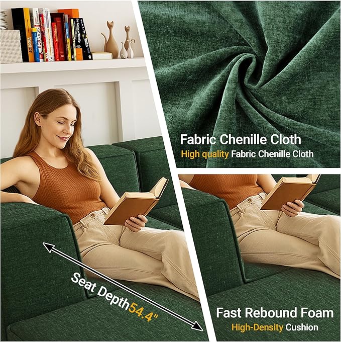 97"+57" 5-Piece Modular Sectional Sofa Convertible Cube Couch 2 3 4 Seat Set, L-Shape, Thick Foam No Assembly for Living Room (3xArmless+1xCorner+1xOttoman) Fabric Chenille Dark Green
