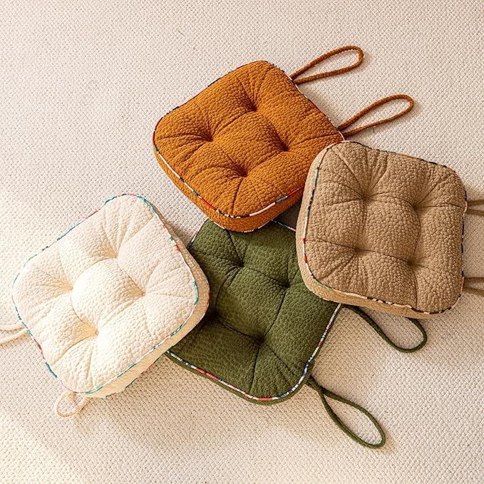 Soft Comfort Chair Pads with 3D Dots Pattern Jacquard Warm Square Chair Cushion with Ties Thicken Non-Slip Floor Pillow Fluffy Seat Cushion for Office Dining Kitchen (White,15"x15")