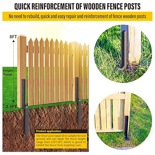 Epcee Heavy Duty Steel Repair Stakes, Anchor Ground Spike, for Repair Tilted/Broken Wood Fence Post (2 Pack/Black）