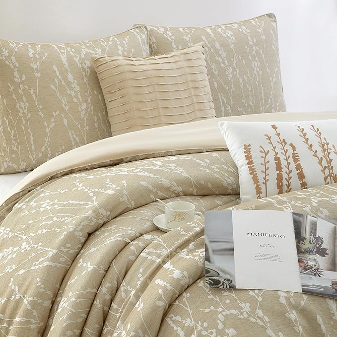 Grand Avenue 6 Piece Cotton Taupe Comforter Set, California King Size Jacquard Bedding Set, All Season Floral Leaves Bedding Set, Matching Pillows, Shams, Bed Skirt