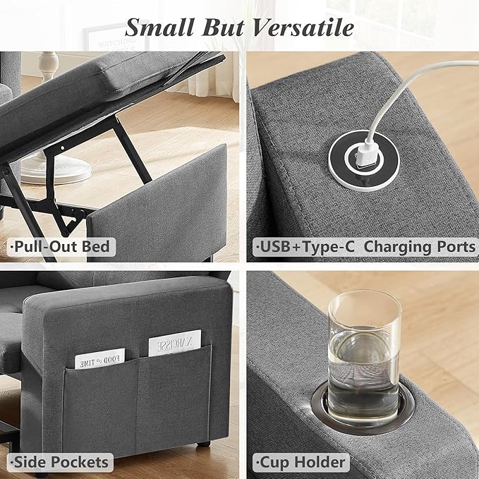 WEUP 42.5" Sleeper Sofa Chair Bed, 3-in-1 Convertible Sleeper Chair with Pull Out Bed, Adjustable Reclining Backrest, Side Pockets, Cup Holder, USB Ports & Wing Table, Premium Dark Grey