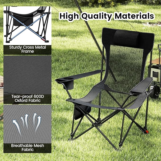 GYMAX Reclining Camping Chairs with Footrest, Lightweight Foldable Camping Chairs with Cup Holders, Adjustable Backrest, Headrest, Heavy Duty Camp Chair for Adult Outdoor Fishing Beach (Grey,1)
