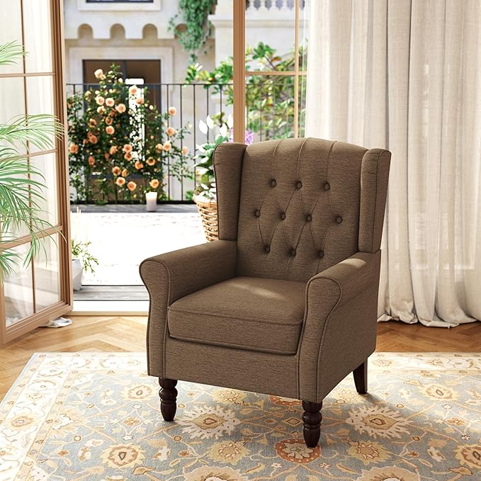 DREAMSIDEA Accent Chair, Upholstered Armchair with Button Tufted High Back & Solid Wood Legs, Comfy Wingback Reading Single Sofa Chair for Small Spaces, Living Room, Bedroom (Brown, Set of 2)