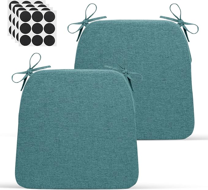 D-Shaped Indoor Chair Cushions 17" x 16" for Kitchen & Dining Chairs – 2'' Thick Seat Pads with Ties & Non-Slip Backing, High-Density Foam, Machine-Washable Covers, Set of 2 with Chair Leg Pads, Teal