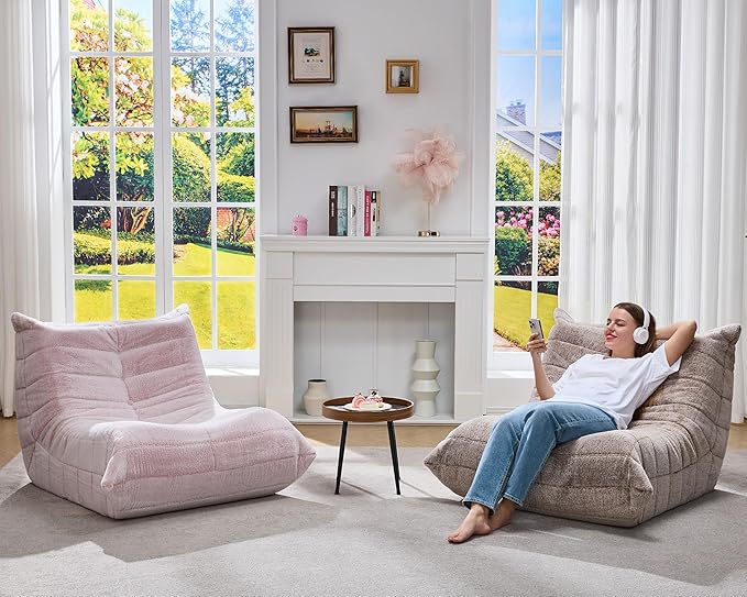 Bean Bag Chairs for Adults Giant Bean Bag Chair Memory Foam BeanBag Chair Bean Bag Sofa with Filler Faux Fur Fireside Beanbags Lazy Sofa for Living Room Bedroom Office (Brown Plush, Single)