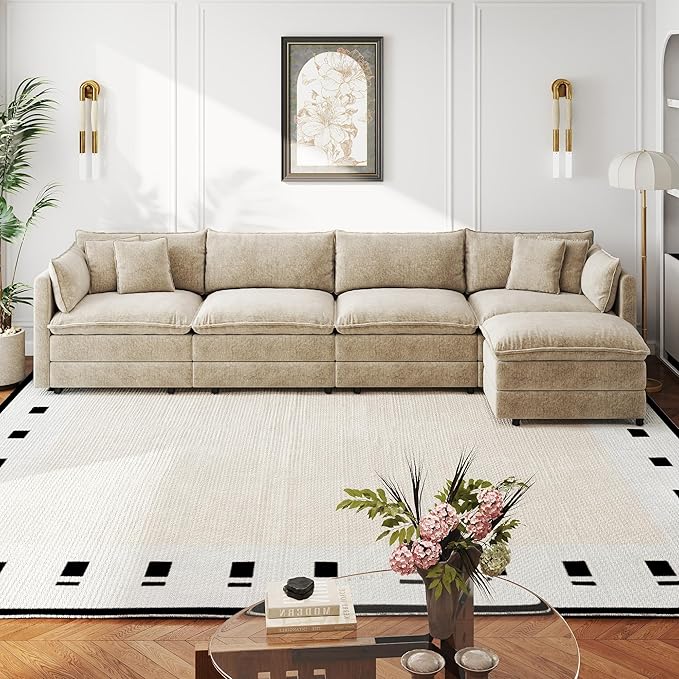 Aoowow Modular Sectional Sofa Modern Convertible L Shaped Couch,147.2 Inch Deep 4-Seater Sofas Set Comfy Chenille Cloud Sofas and Couches with Movable Ottoman for Living Room Apartment（Camel）