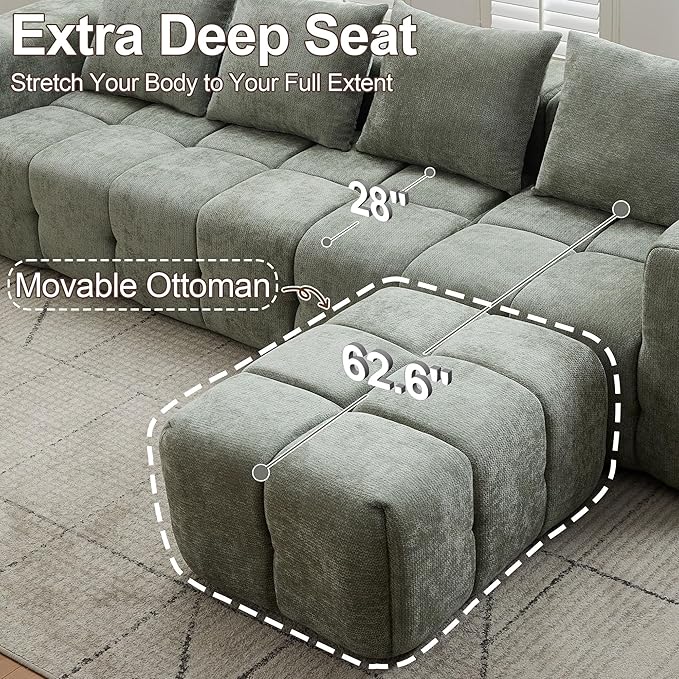 119" Boneless Couch, Cloud Sectional Couch with Deep Seat, High-Density Memory Foam and Chaise, Sectional L Shaped Sofa, Boneless Couches for Living Room, No Assembly Required Tufted Sofa, Green