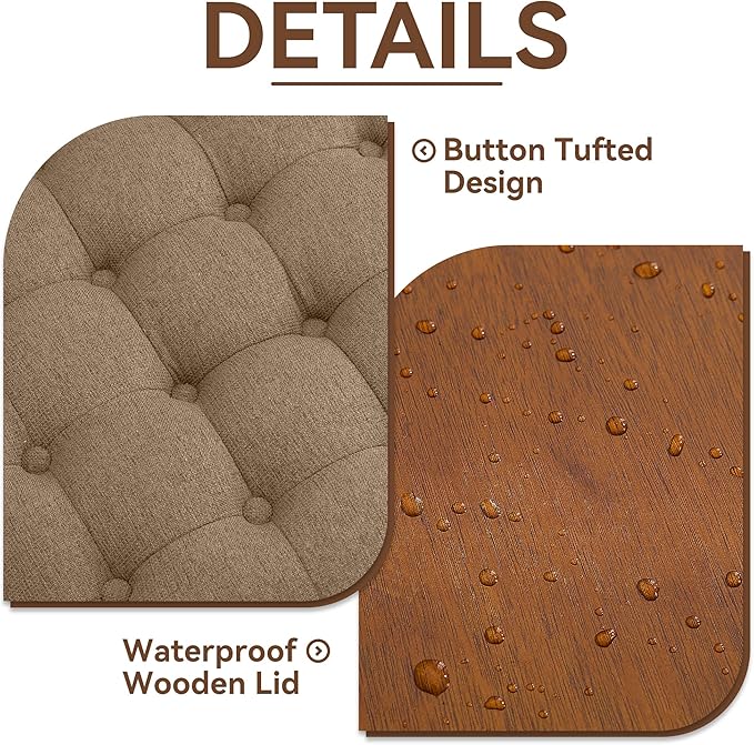 WUTUTUEE 24Inch Round Storage Ottoman with Tray, Modern Tufted Fabric Circle Coffee Table with Storage, Upholstered Ottoman with Removable Top for Living Room, Bedroom, Brown