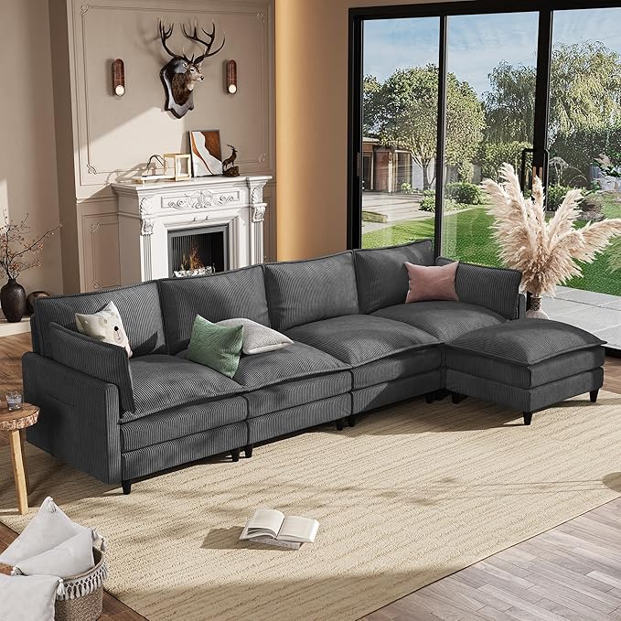 Apicizon 143" Cloud Sofa Sectional, L Shaped Cloud Couch with Side Storage Pocket, Modern Corduroy Sofa Set for Living Room, Office, Grey