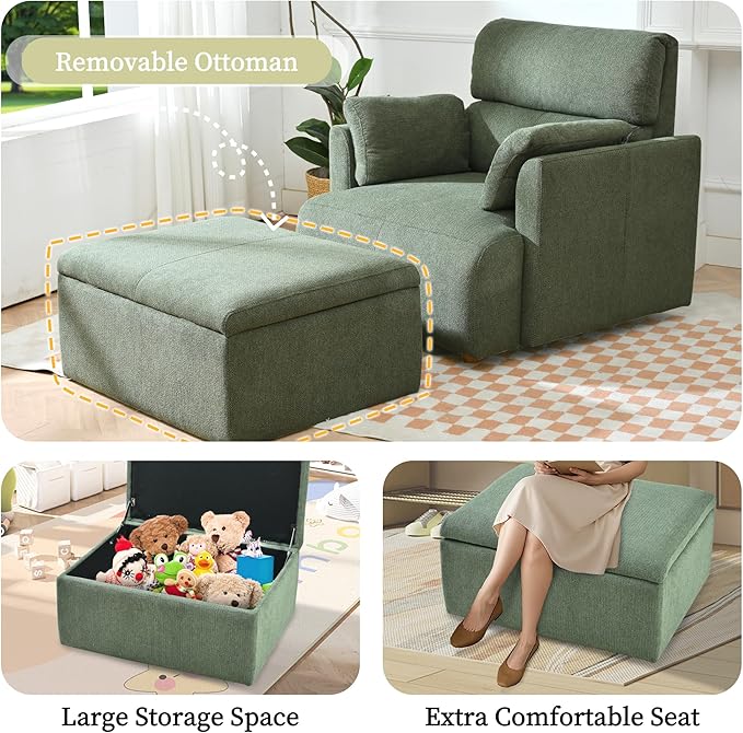 QKFF Modern Oversized Accent Chair with Storage Ottoman & Side Pillows, Snowflake Fleece Upholstered Chaise Lounge Chair, Deep Seat Reading Chair for Living Room, 350lbs Capacity
