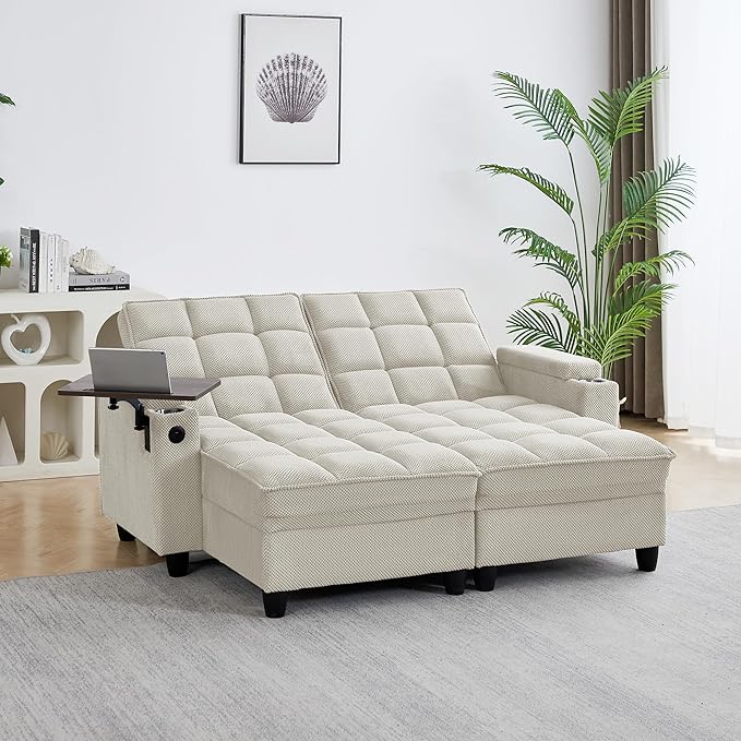 70.9" Chaise Lounge Chair Indoor, Oversized Boucle Upholstered Sofa Bed, Adjustable Backrest Deep Seat Reading Chair, Sofas Couches for Living Room with Storage, Cup Holders and 360° Swivel Side Table