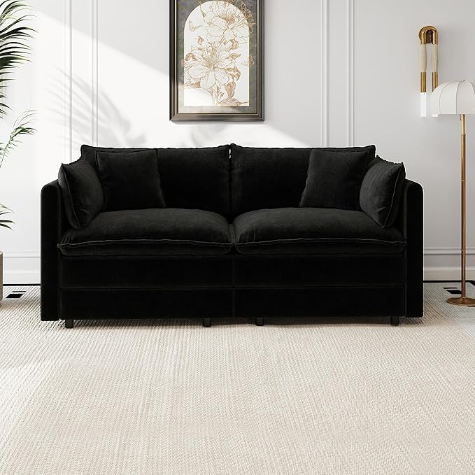 Aoowow Modular Sectional Sofa Modern Convertible Loveseat Couch,77.16 Inch Deep 2-Seater Sofas Comfy Chenille Cloud Sofas and Couches with Pillows for Living Room Apartment（Black）