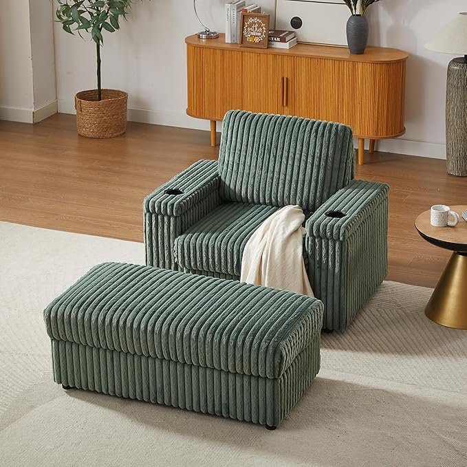 Eafurn 42.5" Oversized Accent Chair with Storage Ottoman Convertible Chaise Lounge, Corduroy Cloud Sofa Chair w/Cupholders, Modern Extra Wide Armchair