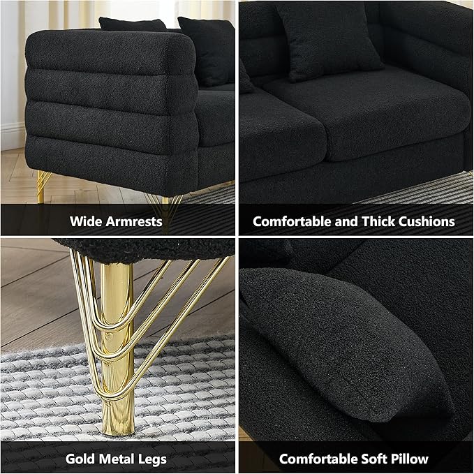 mikibama Modern Teddy Loveseat Sofa, 60 Inch Sectional Sofa Couch, Luxury 2 Seater Deep Couch with 2 Pillows and Gold Metal Legs for Living Room, Bedroom, Apartment (Black)