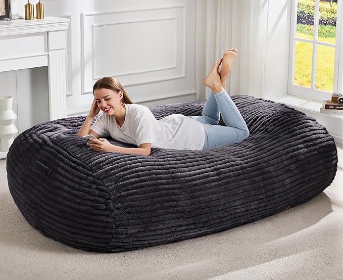 Hobestluk 6FT Bean Bag Chairs Adult Bean Bag with Portable Handle Comfy Large Bean Bag Lounge Chair with Removable Cover for Living Room Bedroom (Stripe Dark Grey, 6FT)