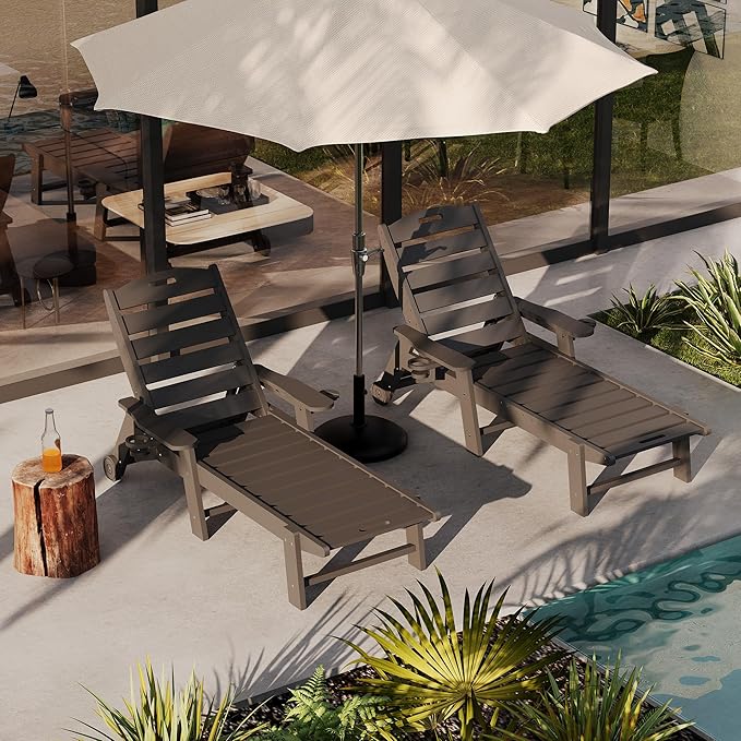 GarveeLife Outdoor HDPE Chaise Lounge with Rolling Wheels, Oversize HDPE 5-Position Pool Lounge Chairs, Pool Lounges Chairs