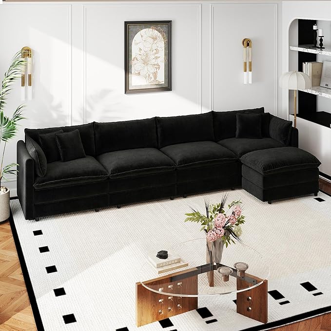 Aoowow Modular Sectional Sofa Modern Convertible L Shaped Couch,147.2 Inch Deep 4-Seater Sofas Set Comfy Chenille Cloud Sofas and Couches with Movable Ottoman for Living Room Apartment（Black）