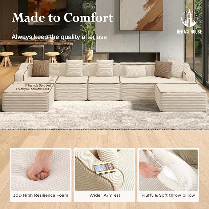 HERA'S HOUSE 163" Cloud Sectional Couch, Oversized U-Shaped Modular Upholstered Sofa with Ottomans, Corduroy Boneless Couches with 6 Throw Pillows for Living Room, No Assembly Required, Beige