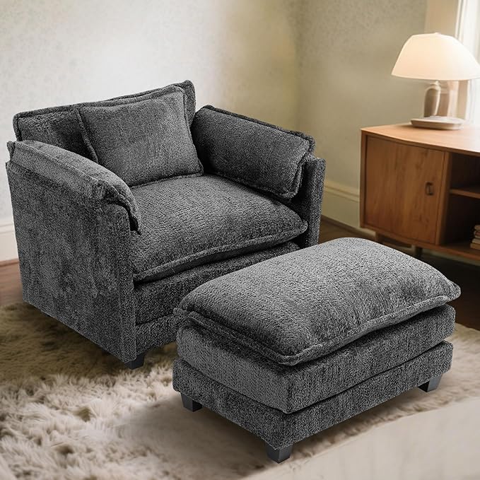 KEIKI Boucle Oversized Reading Chair with Storage & Ottoman, 40" W Modern Accent Chair W/Double Deep Cushion Seating, Comfy Upholstered Single Sofa Lounge Armchair for Living Room, Bedroom, Drak Grey