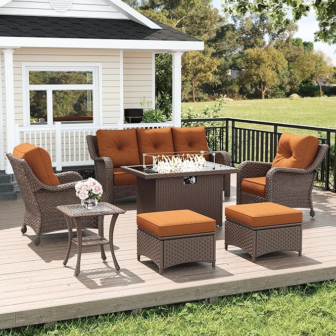 LayinSun 7 Piece Wicker Outdoor Furniture Set with 6-inch Comfy Cushions, High Back Patio Furniture Set with Rattan Armchairs and Fire Pit Table