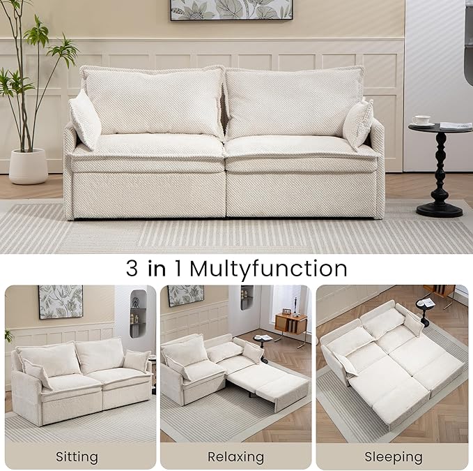 GRAINLLE King Size Pull Out Couch,3-in-1 Corduroy Sleeper Sofa with Pull Out Sofa Bed,USB & Side Storage,Convertible Loveseat Sleeper Couch for Living Room, Bedroom, pet-Friendly(Beige, 73.6'')
