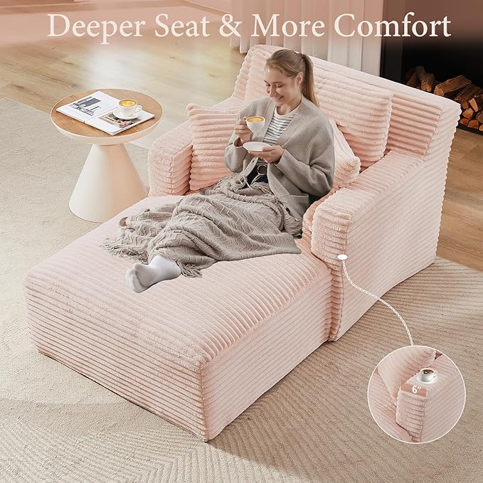 VEPXXP 65.4" Chaise Lounge Chair Indoor, Oversized Boneless Couch Comfy Upholstered Sleeper Sofa Bed with 3 Pillows, Corduroy Cloud Reading Chair for Living Room No Assembly Required, Pink
