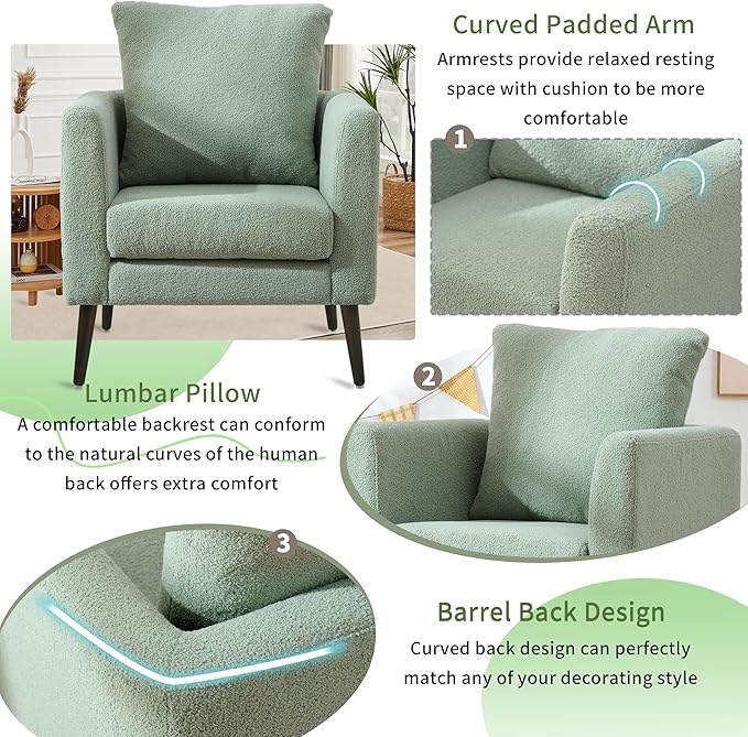 QKFF Barrel Accent Chair with Back Pillow, Large Teddy Upholstered Armchair with Solid Wood Legs Modern Reading Chairs for Living Room Bedroom
