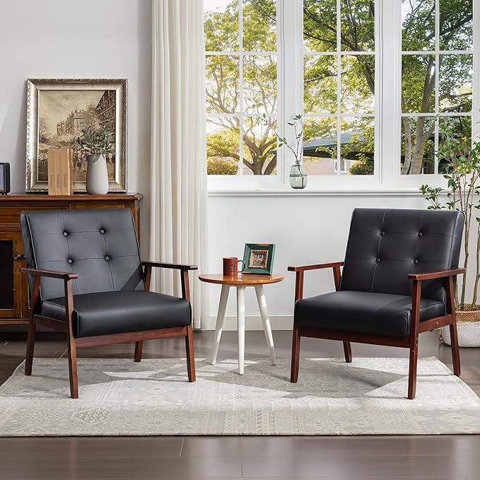 JIASTING Mid-Century Retro Modern Leather Accent Chair Set of 2 Wooden Arm Chair Upholstered Tufted Back Lounge Chairs for Office Living Room