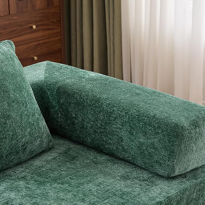77" Convertible Foldable Floor Couch, 3-Seat Futon Sleeper Sofa for Living Room, Bedroom, or Apartment, with Pillow Backrest and Armrests, Chenille Fabric, No Assembly Required, Dark Green