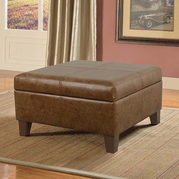 HomePop Faux Leather Square Storage Ottoman with Wood Legs, Brown
