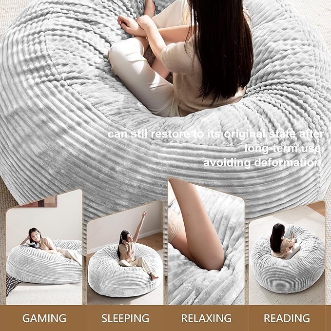 Bean Bag Chair for Adults, Floor Bean Bags Offers Ample Space for Adults,Memory Foam Giant Bean Bags,Lounger Versatile Design Suits Any Room,Movie Nights,Reading(Striped White,6FT)