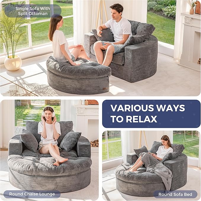 MAXYOYO L Shape Sectional Sofa Couch and Round Chaise Lounge, Modern Cloud Couch with Ottoman, Comfy Sofa with Layered Cushion, Tufted Upholstered Sleeper Chair for Living Room, No Assembly Required