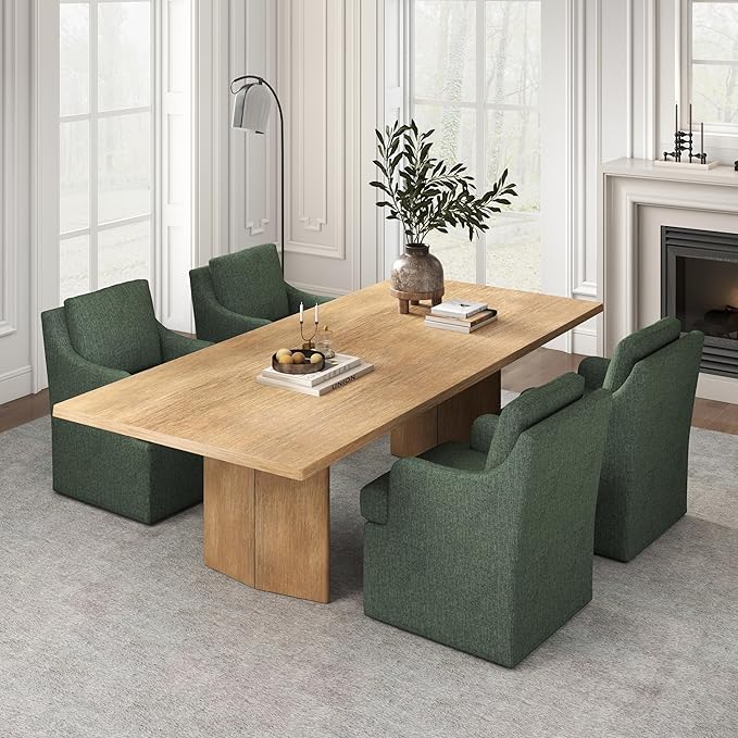 VKNOW Upholstered Dining Chairs Set of 4, Modern Kitchen Chairs Dinner Chairs with 4 Casters, Linen Armchair for Bedroom Reading Room Living Room, Green