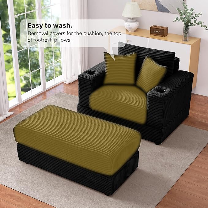DAMAIFROM Oversized Chaise Lounge Chair Indoor with USB, Cup Holder & Ottoman, Firm Solid Wood Frame with Long Service Life Corduroy Oversized Lounge Reading Chair for Study Room - Black