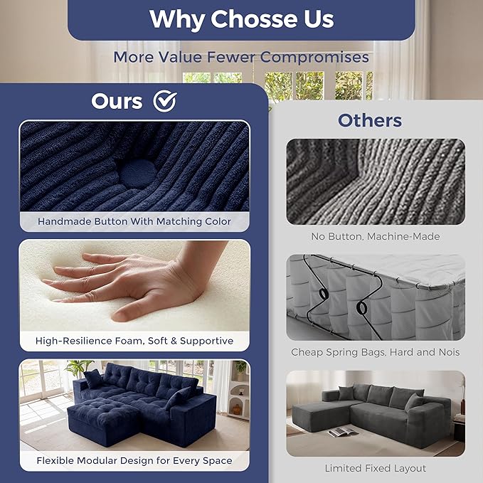 MAXYOYO 104" L Shaped Modular Sectional Sofa with Ottoman, Cloud Boneless Couch with Layered Cushion, Upholstered Sofa in a Box, Flexible Module Combination for Living Room, No Assembly, Navy