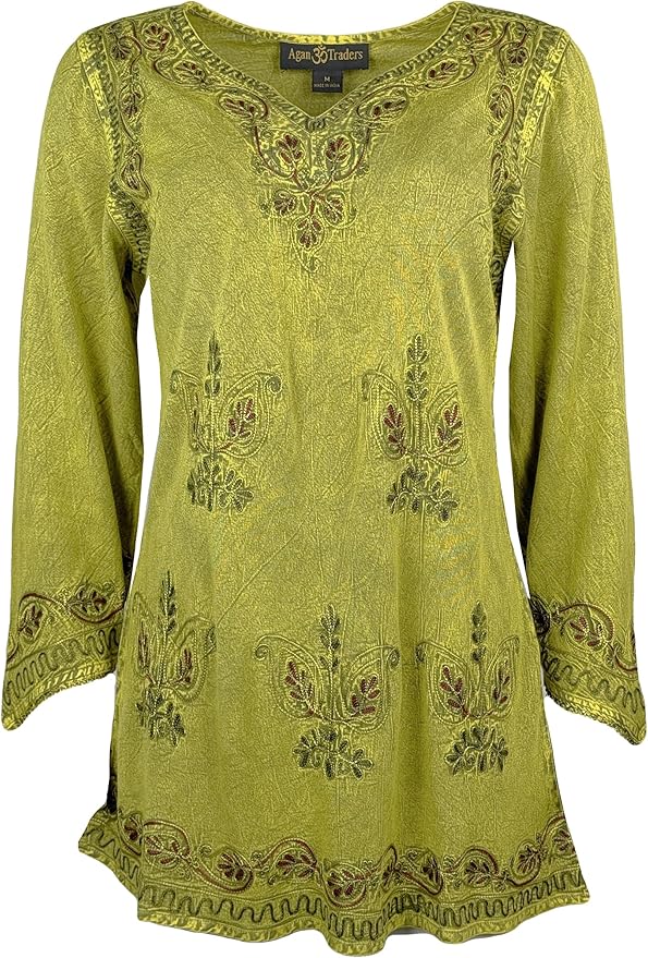 Agan Traders 2025 Winter Long Sleeve Diamond Neck Embroidered Tops - Medieval Boho Vintage Tunic Kurta Blouses for Women
