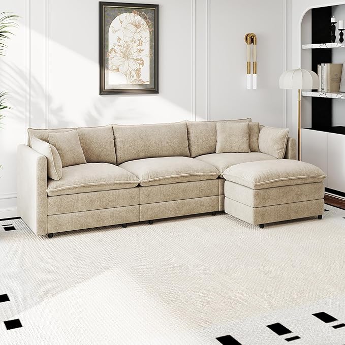 Aoowow Modular Sectional Sofa Modern Convertible L Shaped Couch,112.2 Inch Deep 3-Seater Sofas Set Comfy Chenille Cloud Sofas and Couches with Movable Ottoman for Living Room Apartment（Camel）