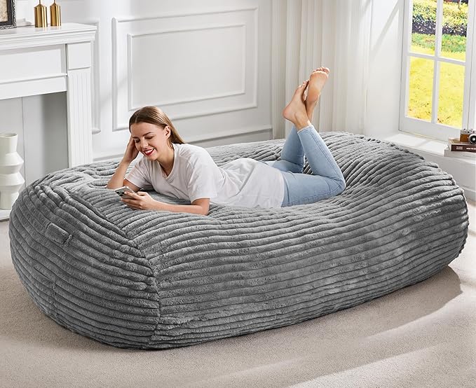 Hobestluk 6FT Bean Bag Chairs Adult Bean Bag with Portable Handle Comfy Large Bean Bag Lounge Chair with Removable Cover for Living Room Bedroom (Stripe Grey, 6FT)