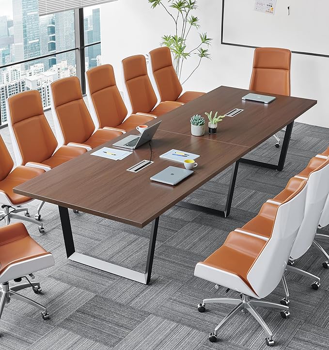 ahliss Sturdy Conference Table with Cable Management Grommets Modern Rectangle Office Meeting Table with Wood Tabletop and Metal Frame & Legs- Easy Assembly Boardroom Table (Mahogany, 12 Foot)