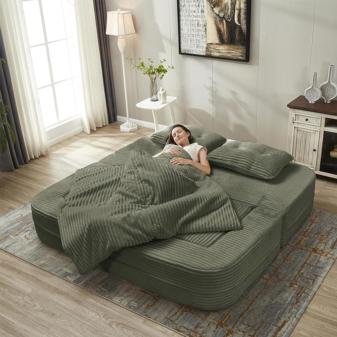 80" Foldable Floor Couch, 3-Seat Convertible Sleeper Sofa with Chaise Lounge, Blanket and 3 Soft Pillows, Corduroy Fabric, for Living Room, Bedroom, Apartment, No Assembly Required, Green