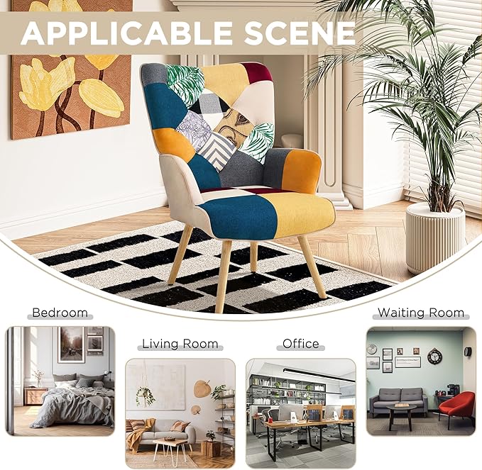 Accent Chair, Living Room Chair, Modern High Back Armchair, Colorful Patchwork Reading Chairs for Bedroom, Lounge Chair with Linen Fabric Shell and Solid Wood Feets (2, Colorful)