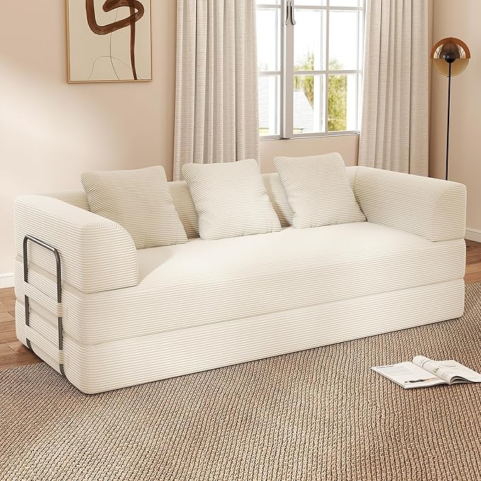 Cloud Boneless Convertible Sleeper Sofa Bed for Living Room 89" 4-in-1 Foldable Compressed Lounge 3 Seater Floor Couches High-Density Sponge & Corduroy Fabric Multi-Form Pull Out Futon Daybed(Beige)