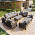 14 Pieces Patio Conversation Set, Wicker Rattan Sectional Modular Sofa Seating Set with Armchairs and Ottomans, Outdoor Furniture for Porch, Poolside, Deck, Balcony, Backyard, Yard (Gray Cushions)
