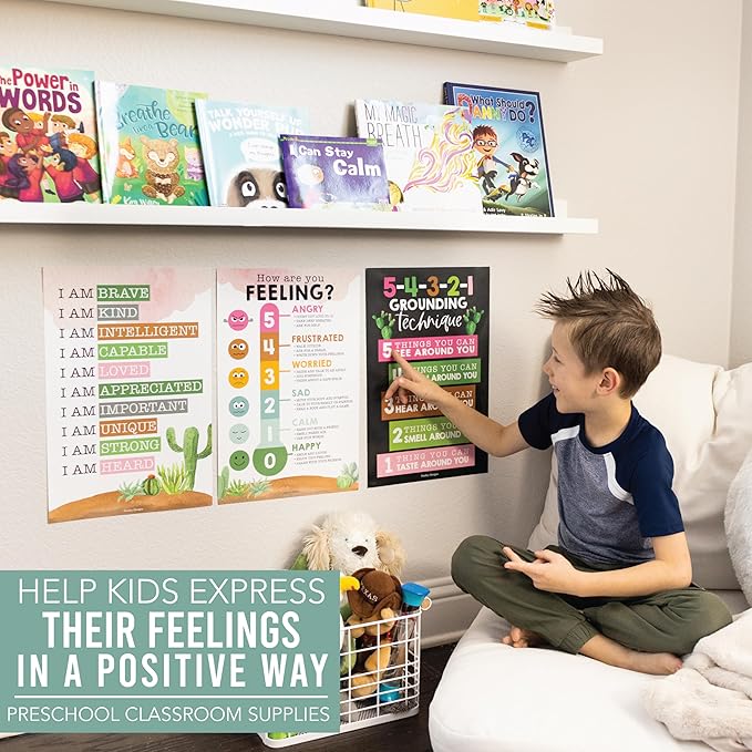 Hadley Designs 8 Calming Corner Posters For Classroom Must Haves For Teachers - 11x17 Calm Down Corner Supplies, Feelings Chart For Kids Ages 4-8, Toddler Emotions Chart, Cactus Classroom Decor